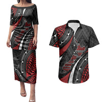 Aotearoa New Zealand Native Birds Map Couples Matching Puletasi and Hawaiian Shirt Silver Fern Tribal Pattern DT05 Red - Polynesian Pride