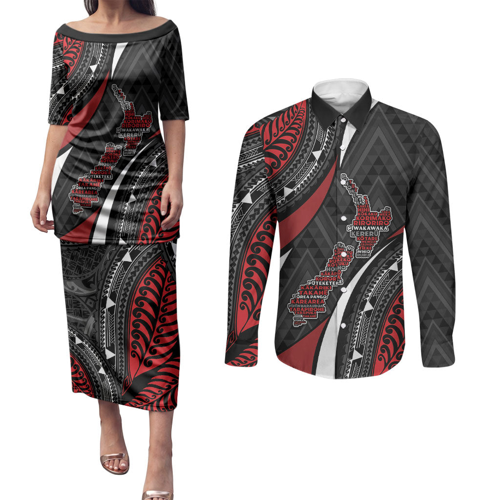 Aotearoa New Zealand Native Birds Map Couples Matching Puletasi and Long Sleeve Button Shirt Silver Fern Tribal Pattern
