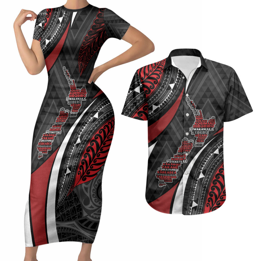 Aotearoa New Zealand Native Birds Map Couples Matching Short Sleeve Bodycon Dress and Hawaiian Shirt Silver Fern Tribal Pattern DT05 Red - Polynesian Pride