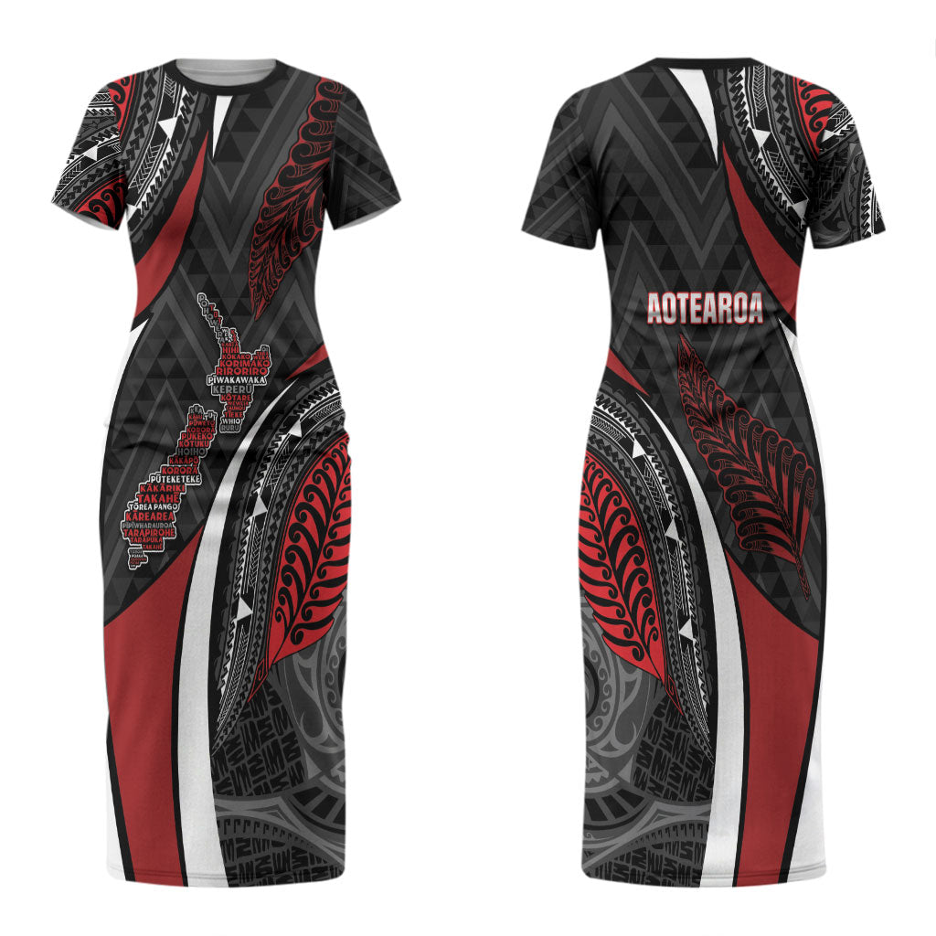 Aotearoa New Zealand Native Birds Map Couples Matching Short Sleeve Bodycon Dress and Hawaiian Shirt Silver Fern Tribal Pattern DT05 - Polynesian Pride