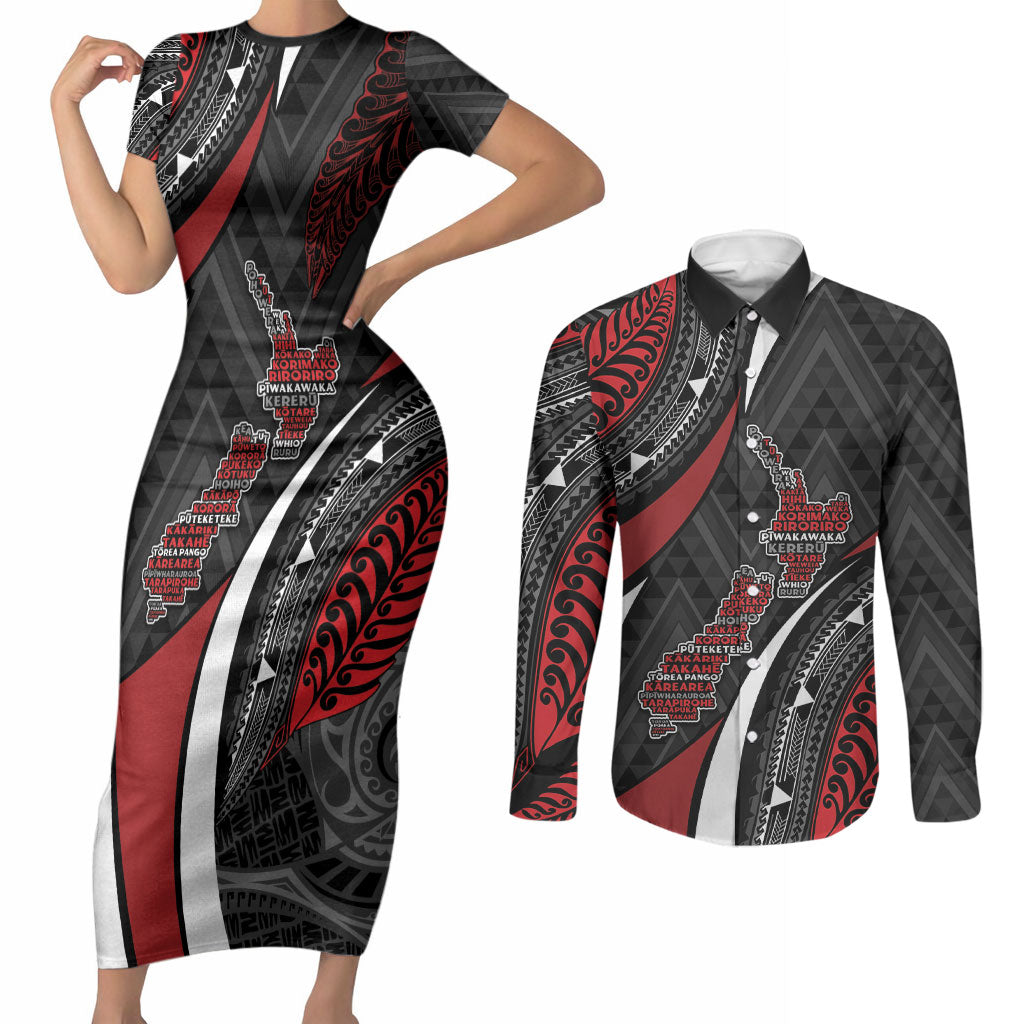 Aotearoa New Zealand Native Birds Map Couples Matching Short Sleeve Bodycon Dress and Long Sleeve Button Shirt Silver Fern Tribal Pattern