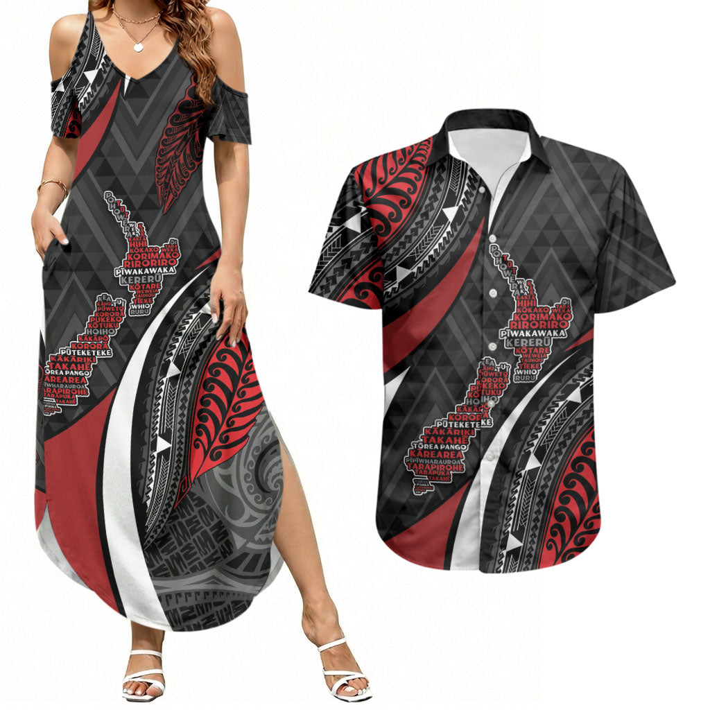 Aotearoa New Zealand Native Birds Map Couples Matching Summer Maxi Dress and Hawaiian Shirt Silver Fern Tribal Pattern