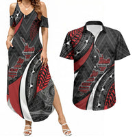 Aotearoa New Zealand Native Birds Map Couples Matching Summer Maxi Dress and Hawaiian Shirt Silver Fern Tribal Pattern DT05 Red - Polynesian Pride