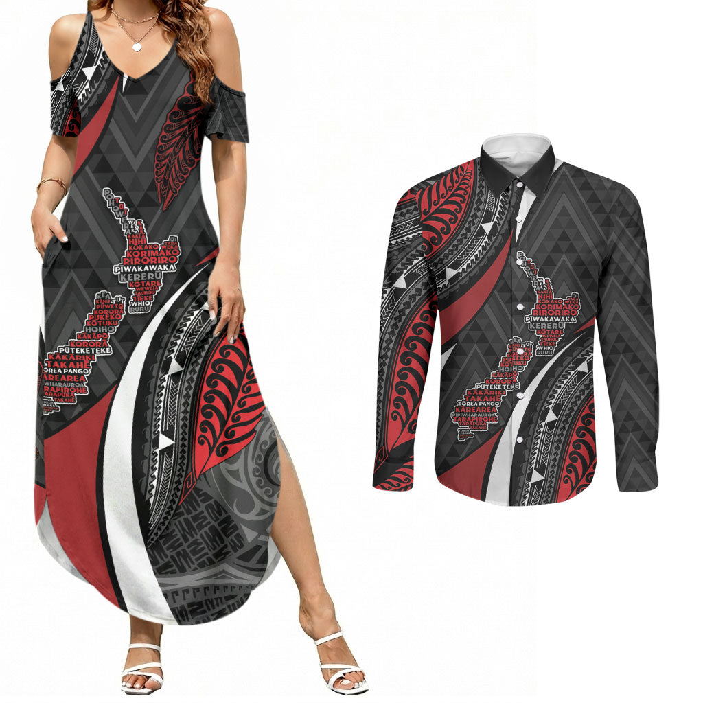 Aotearoa New Zealand Native Birds Map Couples Matching Summer Maxi Dress and Long Sleeve Button Shirt Silver Fern Tribal Pattern