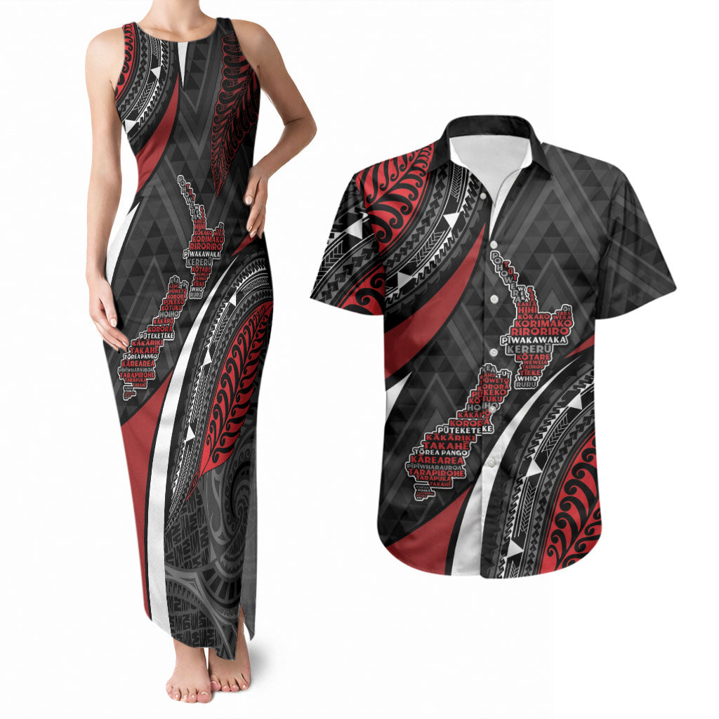 Aotearoa New Zealand Native Birds Map Couples Matching Tank Maxi Dress and Hawaiian Shirt Silver Fern Tribal Pattern