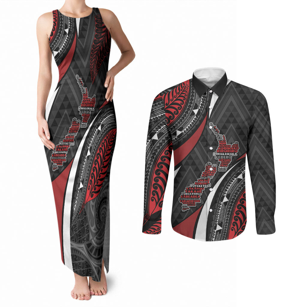 Aotearoa New Zealand Native Birds Map Couples Matching Tank Maxi Dress and Long Sleeve Button Shirt Silver Fern Tribal Pattern