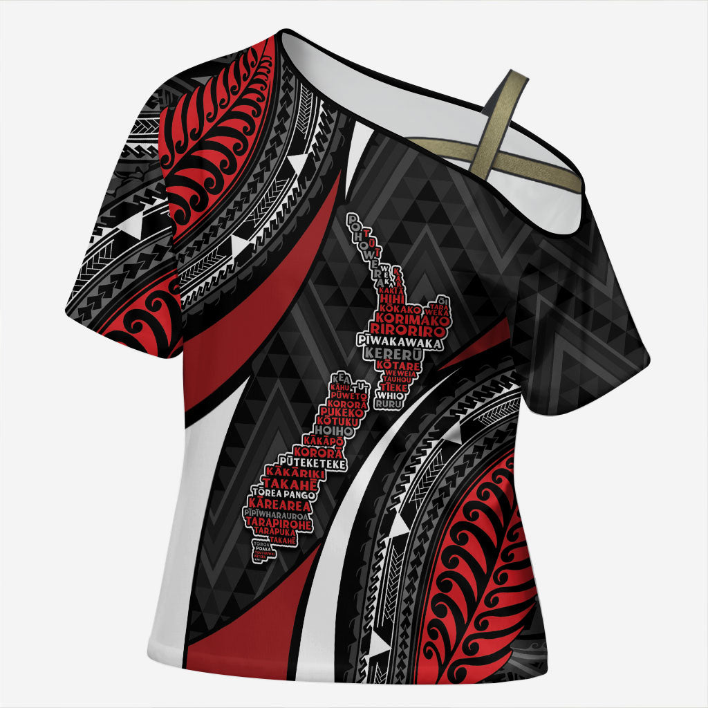Aotearoa New Zealand Native Birds Map Cross Shoulder Shirt Silver Fern Tribal Pattern DT05 Female Red - Polynesian Pride