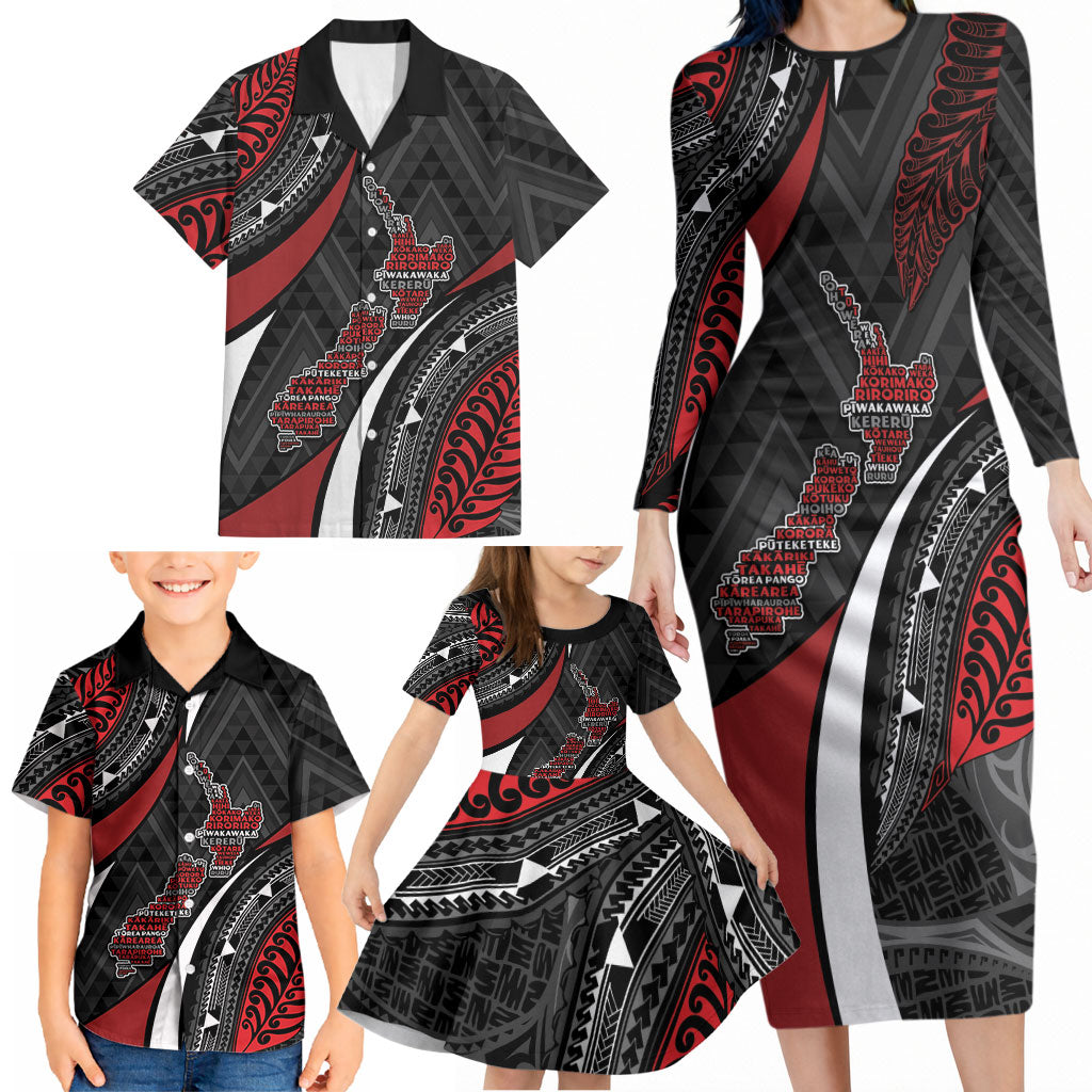 Aotearoa New Zealand Native Birds Map Family Matching Long Sleeve Bodycon Dress and Hawaiian Shirt Silver Fern Tribal Pattern DT05 - Polynesian Pride