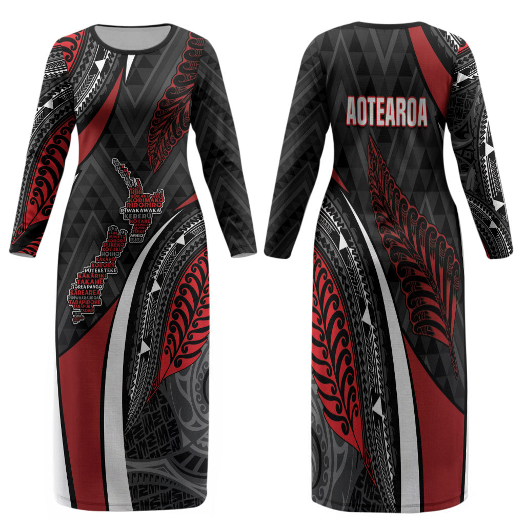 Aotearoa New Zealand Native Birds Map Family Matching Long Sleeve Bodycon Dress and Hawaiian Shirt Silver Fern Tribal Pattern DT05 Mom's Dress Red - Polynesian Pride
