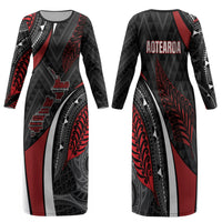 Aotearoa New Zealand Native Birds Map Family Matching Long Sleeve Bodycon Dress and Hawaiian Shirt Silver Fern Tribal Pattern DT05 Mom's Dress Red - Polynesian Pride
