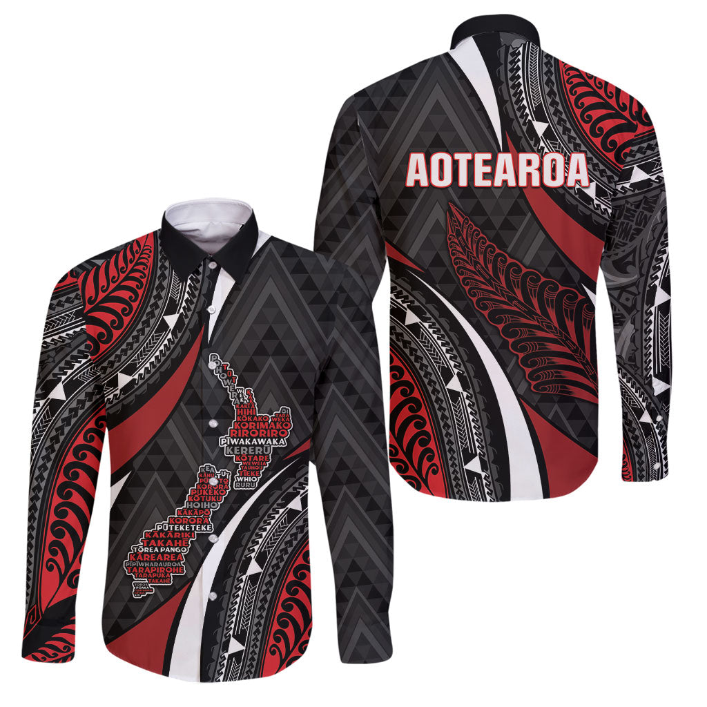 Aotearoa New Zealand Native Birds Map Family Matching Long Sleeve Bodycon Dress and Hawaiian Shirt Silver Fern Tribal Pattern DT05 Dad's Shirt - Long Sleeve Red - Polynesian Pride
