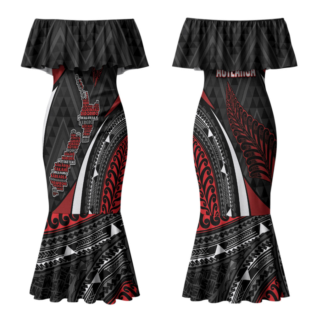 Aotearoa New Zealand Native Birds Map Family Matching Mermaid Dress and Hawaiian Shirt Silver Fern Tribal Pattern DT05 Mom's Dress Red - Polynesian Pride