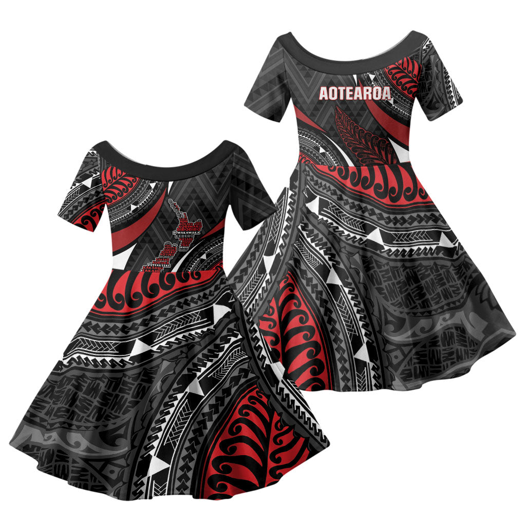 Aotearoa New Zealand Native Birds Map Family Matching Mermaid Dress and Hawaiian Shirt Silver Fern Tribal Pattern DT05 Daughter's Dress Red - Polynesian Pride