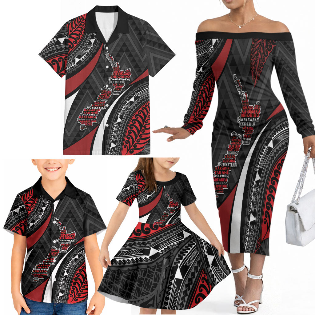 Aotearoa New Zealand Native Birds Map Family Matching Off The Shoulder Long Sleeve Dress and Hawaiian Shirt Silver Fern Tribal Pattern