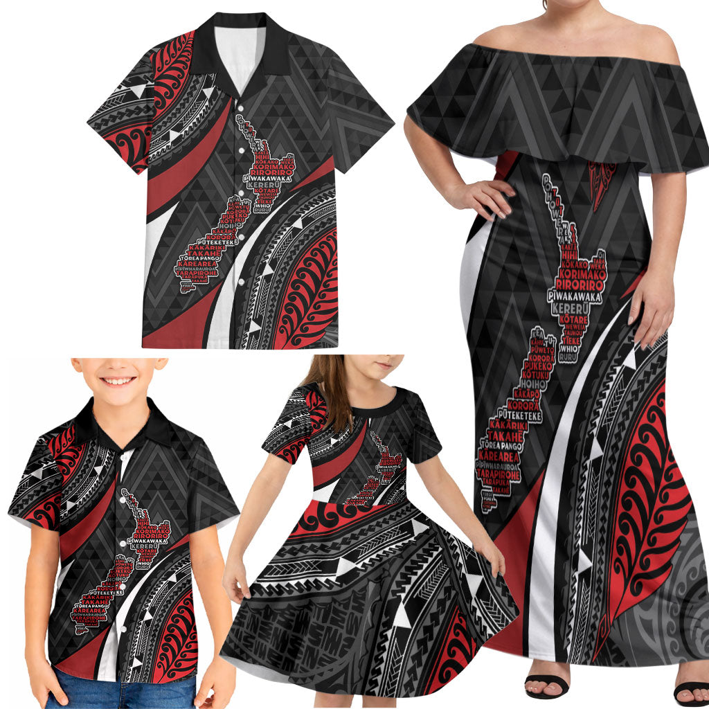 Aotearoa New Zealand Native Birds Map Family Matching Off Shoulder Maxi Dress and Hawaiian Shirt Silver Fern Tribal Pattern