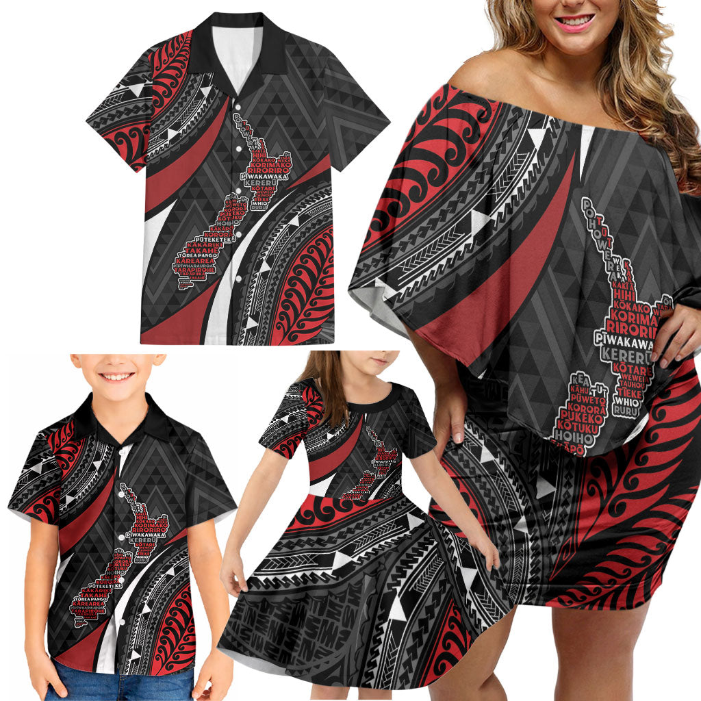 Aotearoa New Zealand Native Birds Map Family Matching Off Shoulder Short Dress and Hawaiian Shirt Silver Fern Tribal Pattern