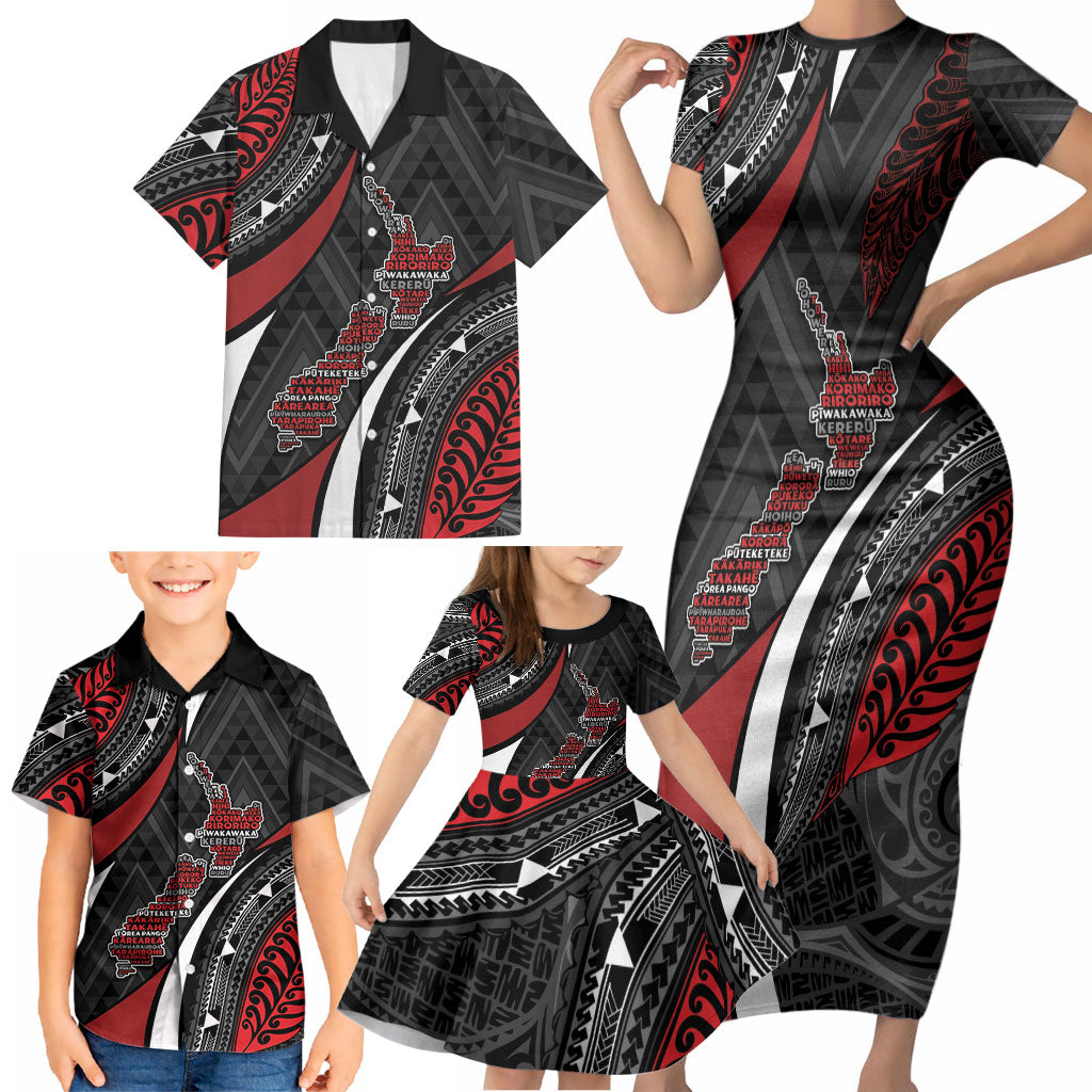 Aotearoa New Zealand Native Birds Map Family Matching Short Sleeve Bodycon Dress and Hawaiian Shirt Silver Fern Tribal Pattern