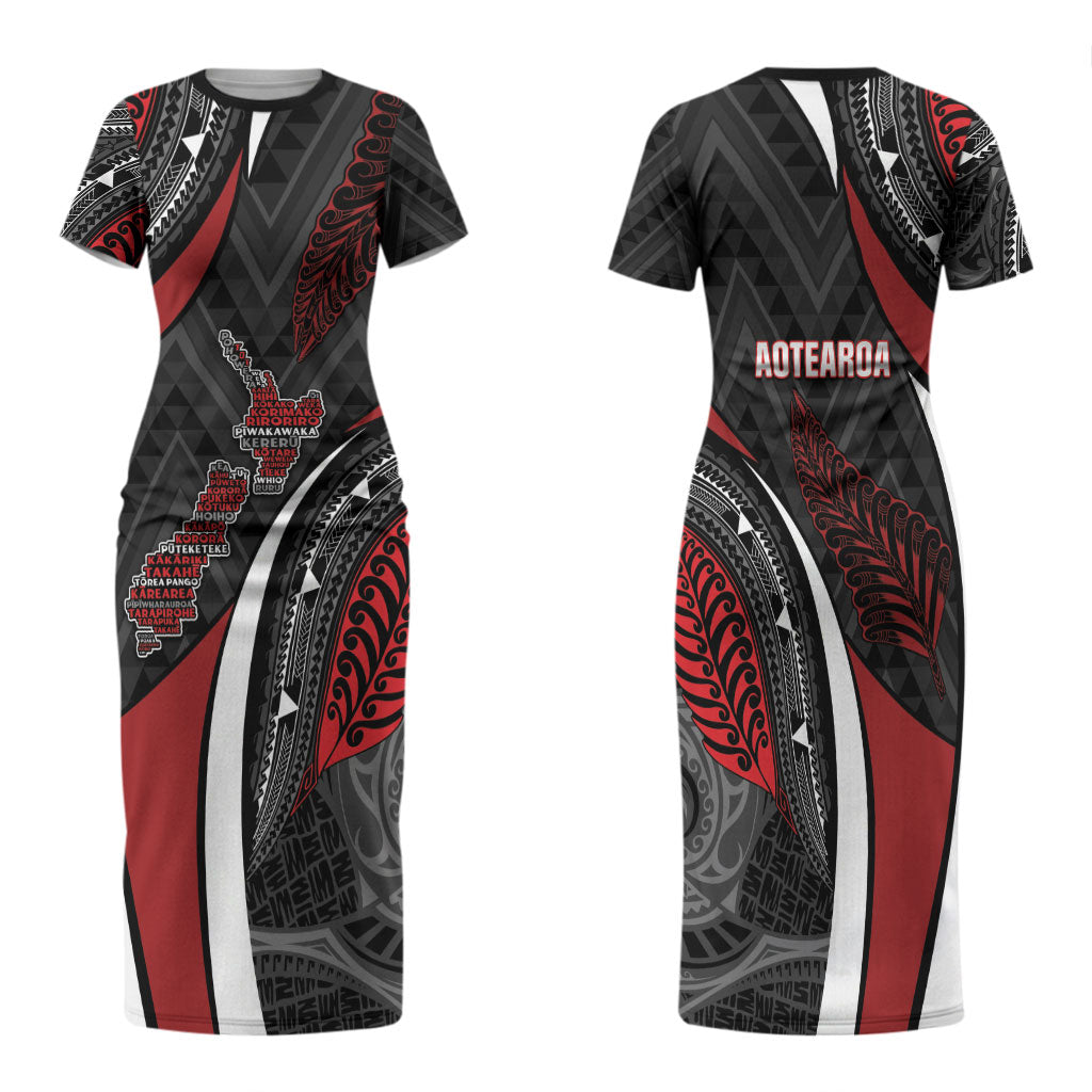 Aotearoa New Zealand Native Birds Map Family Matching Short Sleeve Bodycon Dress and Hawaiian Shirt Silver Fern Tribal Pattern DT05 Mom's Dress Red - Polynesian Pride