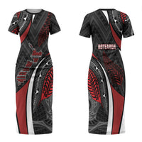 Aotearoa New Zealand Native Birds Map Family Matching Short Sleeve Bodycon Dress and Hawaiian Shirt Silver Fern Tribal Pattern DT05 Mom's Dress Red - Polynesian Pride