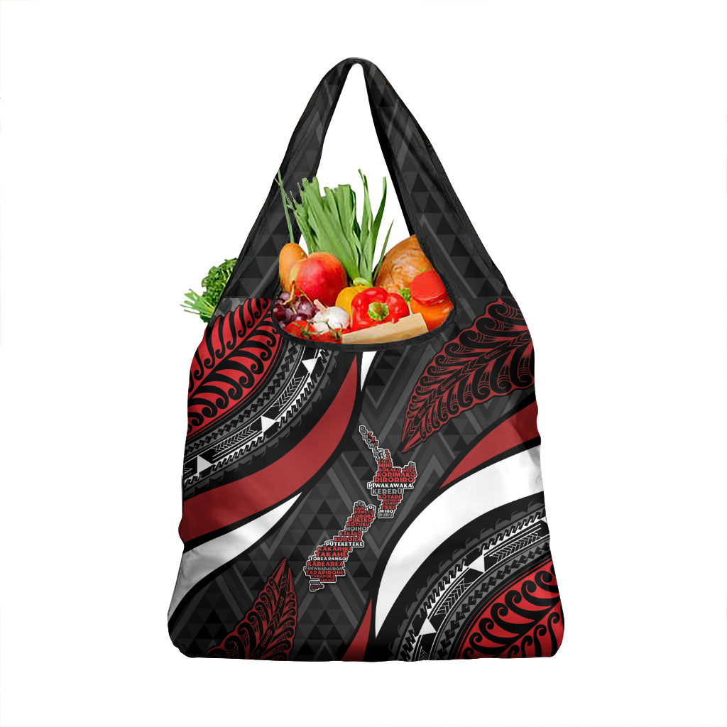 Aotearoa New Zealand Native Birds Map Grocery Bag Silver Fern Tribal Pattern