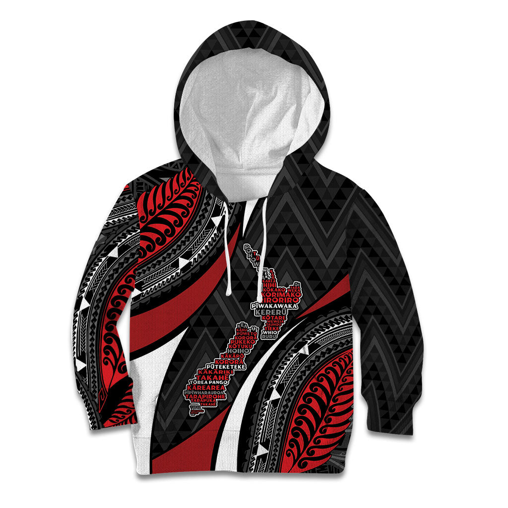 Aotearoa New Zealand Native Birds Map Kid Hoodie Silver Fern Tribal Pattern DT05 Hoodie Red - Polynesian Pride