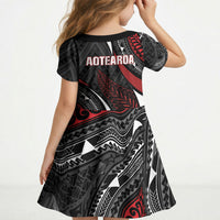 Aotearoa New Zealand Native Birds Map Kid Short Sleeve Dress Silver Fern Tribal Pattern DT05 - Polynesian Pride