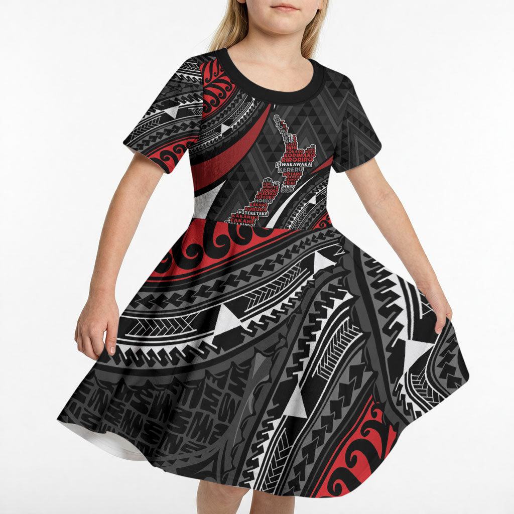 Aotearoa New Zealand Native Birds Map Kid Short Sleeve Dress Silver Fern Tribal Pattern DT05 - Polynesian Pride