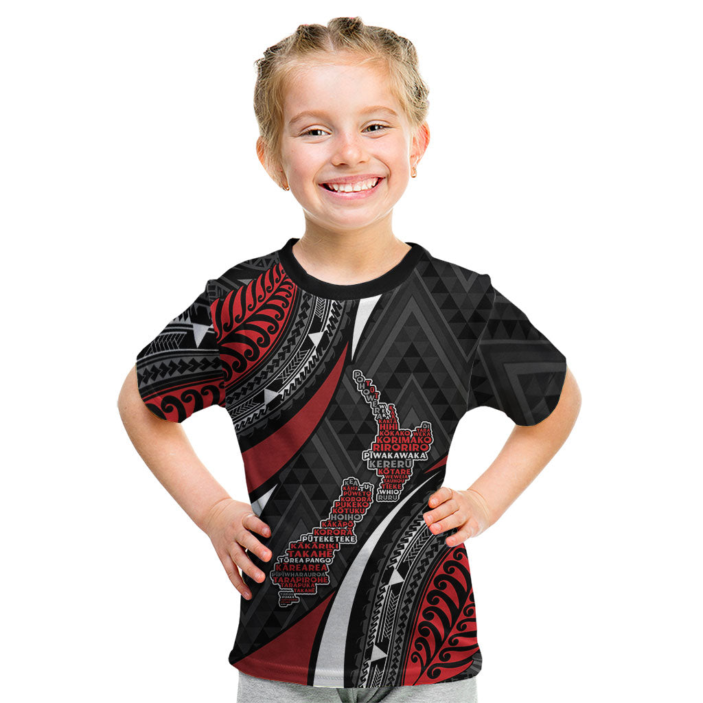 Aotearoa New Zealand Native Birds Map Kid T Shirt Silver Fern Tribal Pattern DT05 Red - Polynesian Pride