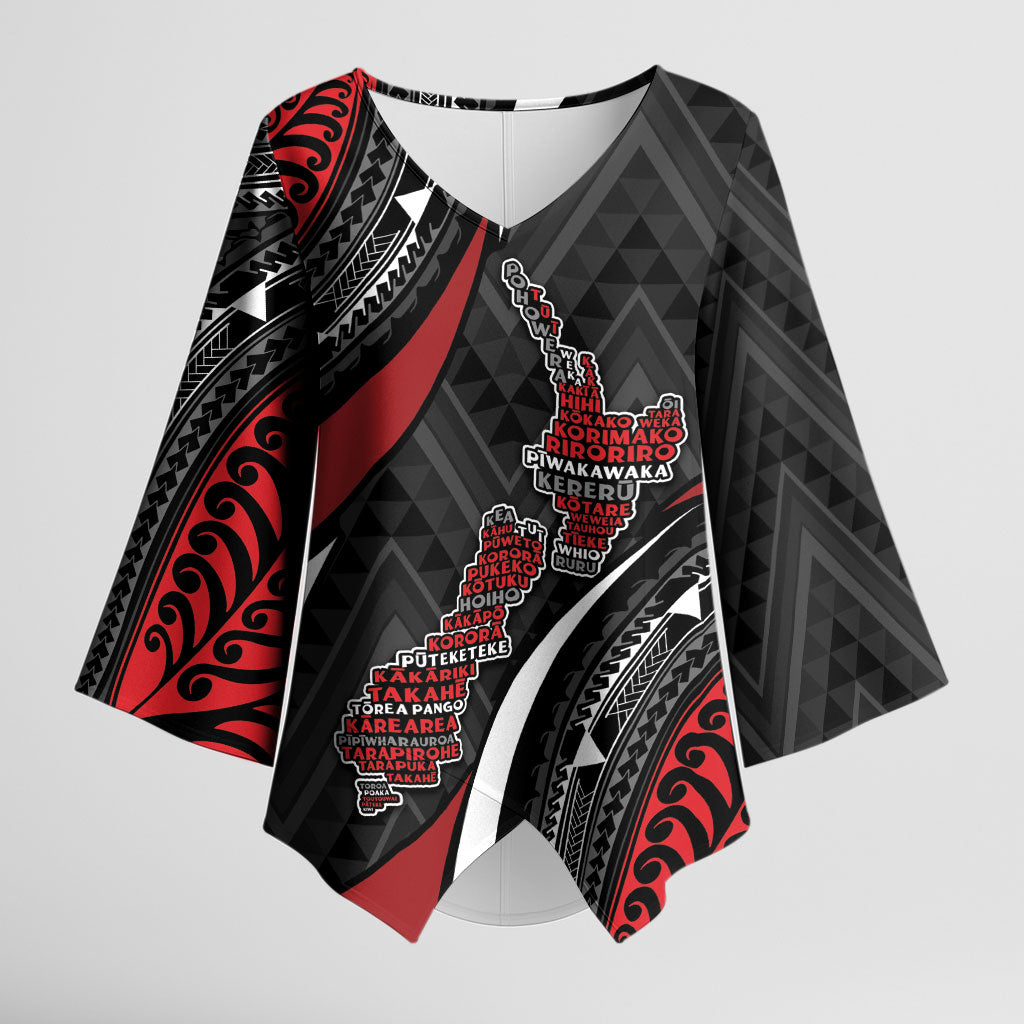 Aotearoa New Zealand Native Birds Map Kimono Sleeve Blouse Silver Fern Tribal Pattern