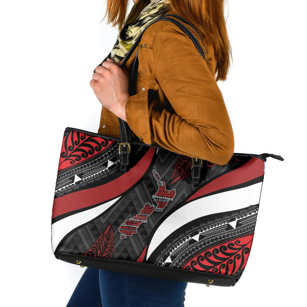Aotearoa New Zealand Native Birds Map Leather Tote Bag Silver Fern Tribal Pattern