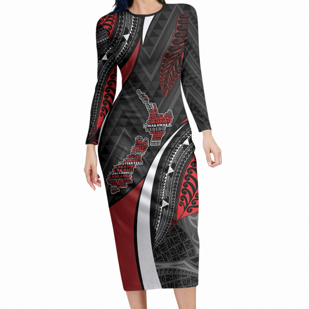 Aotearoa New Zealand Native Birds Map Long Sleeve Bodycon Dress Silver Fern Tribal Pattern DT05 Long Dress Red - Polynesian Pride