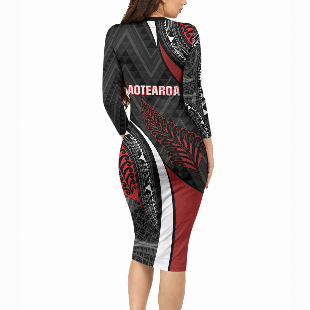 Aotearoa New Zealand Native Birds Map Long Sleeve Bodycon Dress Silver Fern Tribal Pattern DT05 - Polynesian Pride