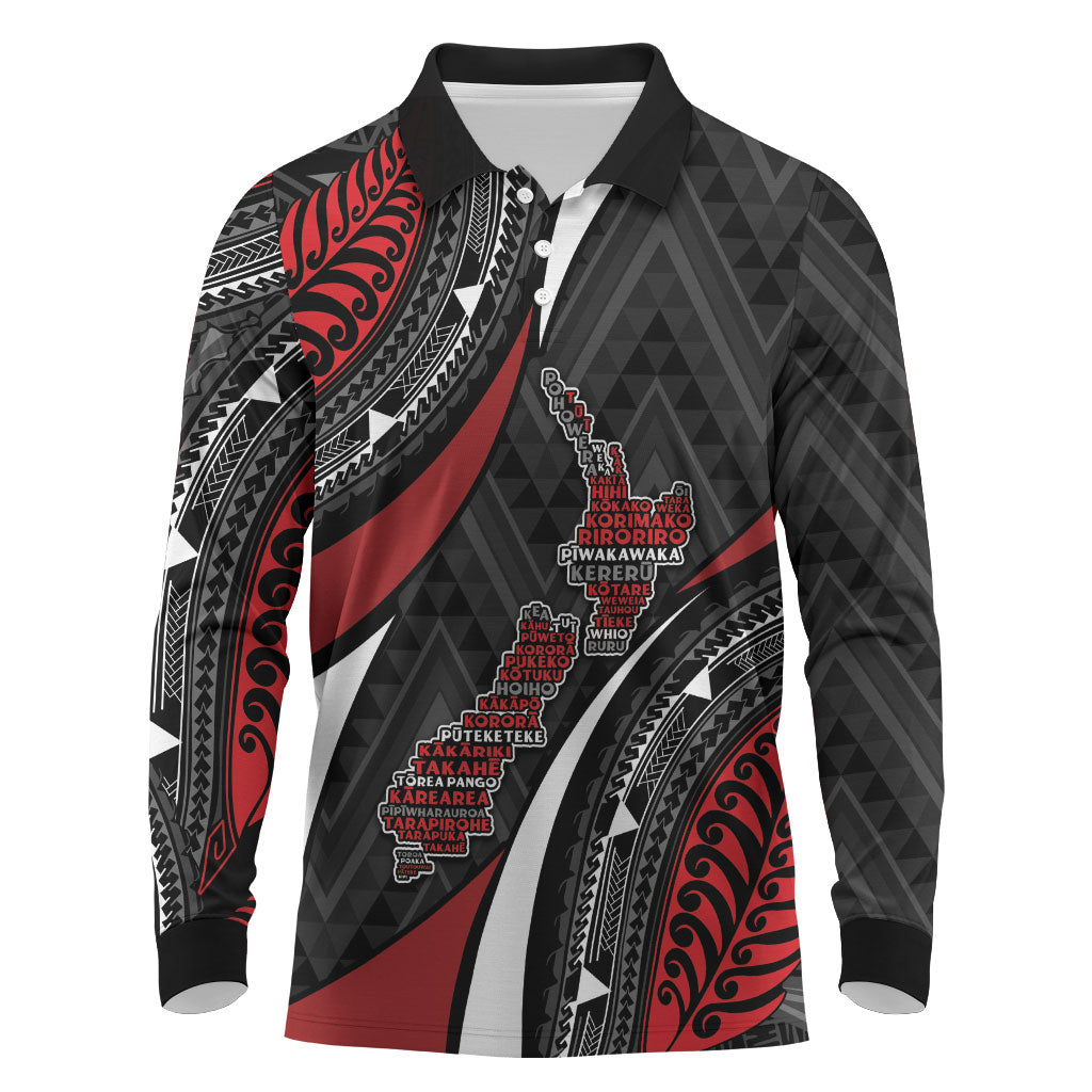 Aotearoa New Zealand Native Birds Map Long Sleeve Polo Shirt Silver Fern Tribal Pattern