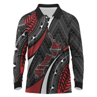 Aotearoa New Zealand Native Birds Map Long Sleeve Polo Shirt Silver Fern Tribal Pattern DT05 Red - Polynesian Pride