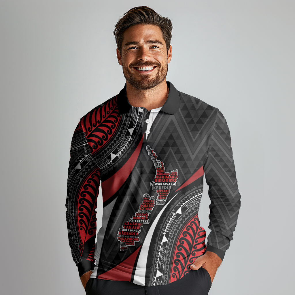 Aotearoa New Zealand Native Birds Map Long Sleeve Polo Shirt Silver Fern Tribal Pattern DT05 - Polynesian Pride