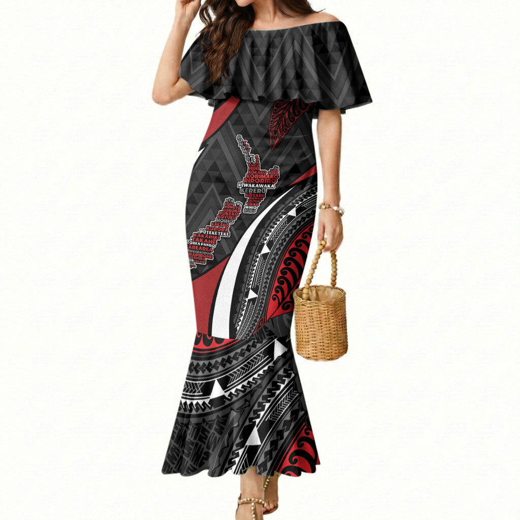Aotearoa New Zealand Native Birds Map Mermaid Dress Silver Fern Tribal Pattern