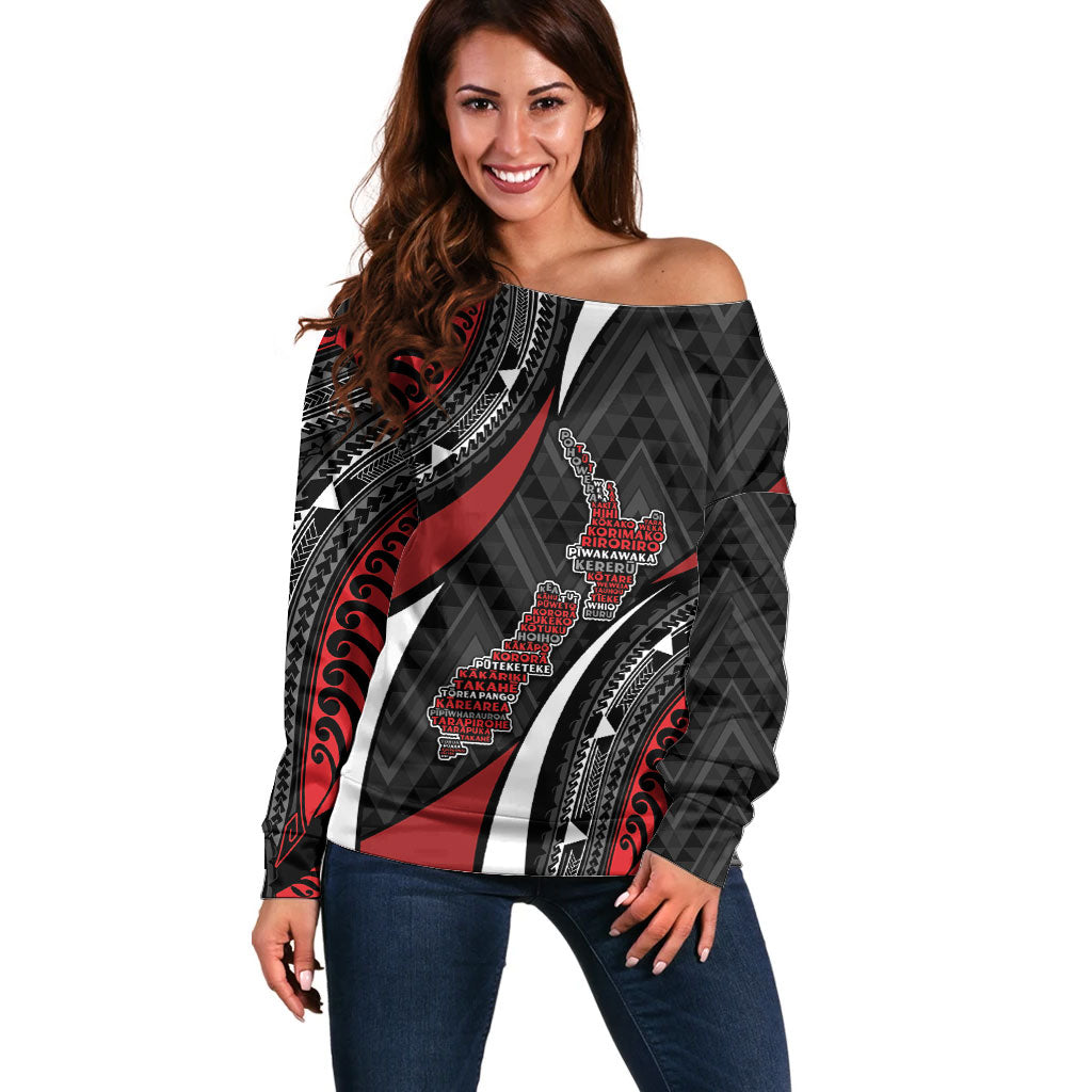 Aotearoa New Zealand Native Birds Map Off Shoulder Sweater Silver Fern Tribal Pattern
