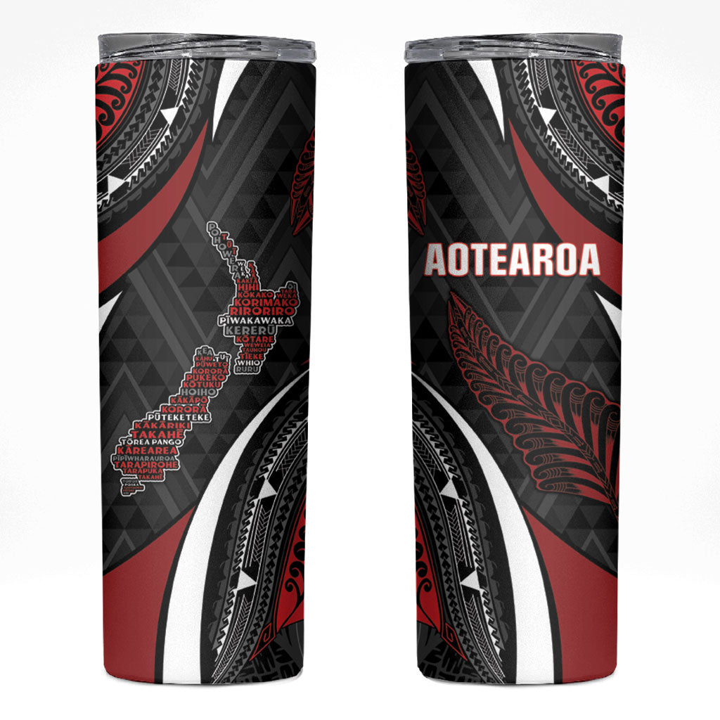 Aotearoa New Zealand Native Birds Map Skinny Tumbler Silver Fern Tribal Pattern DT05 Red - Polynesian Pride