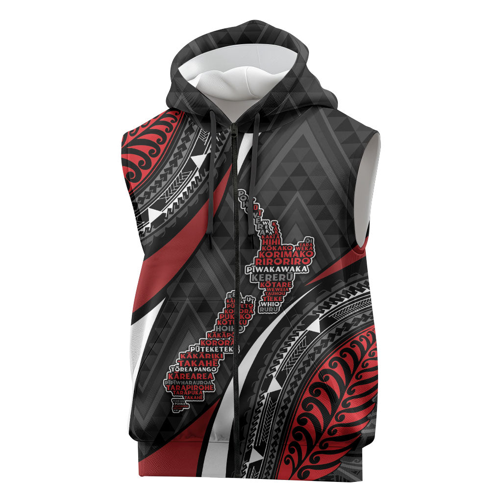 Aotearoa New Zealand Native Birds Map Sleeveless Zip Hoodie Silver Fern Tribal Pattern DT05 Red - Polynesian Pride