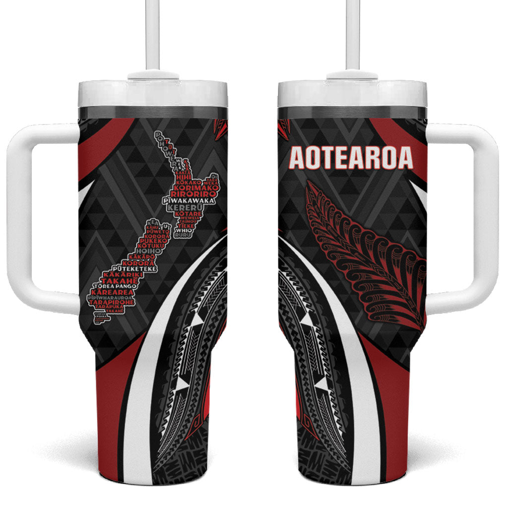 Aotearoa New Zealand Native Birds Map Tumbler With Handle Silver Fern Tribal Pattern DT05 One Size: 40 oz Red - Polynesian Pride