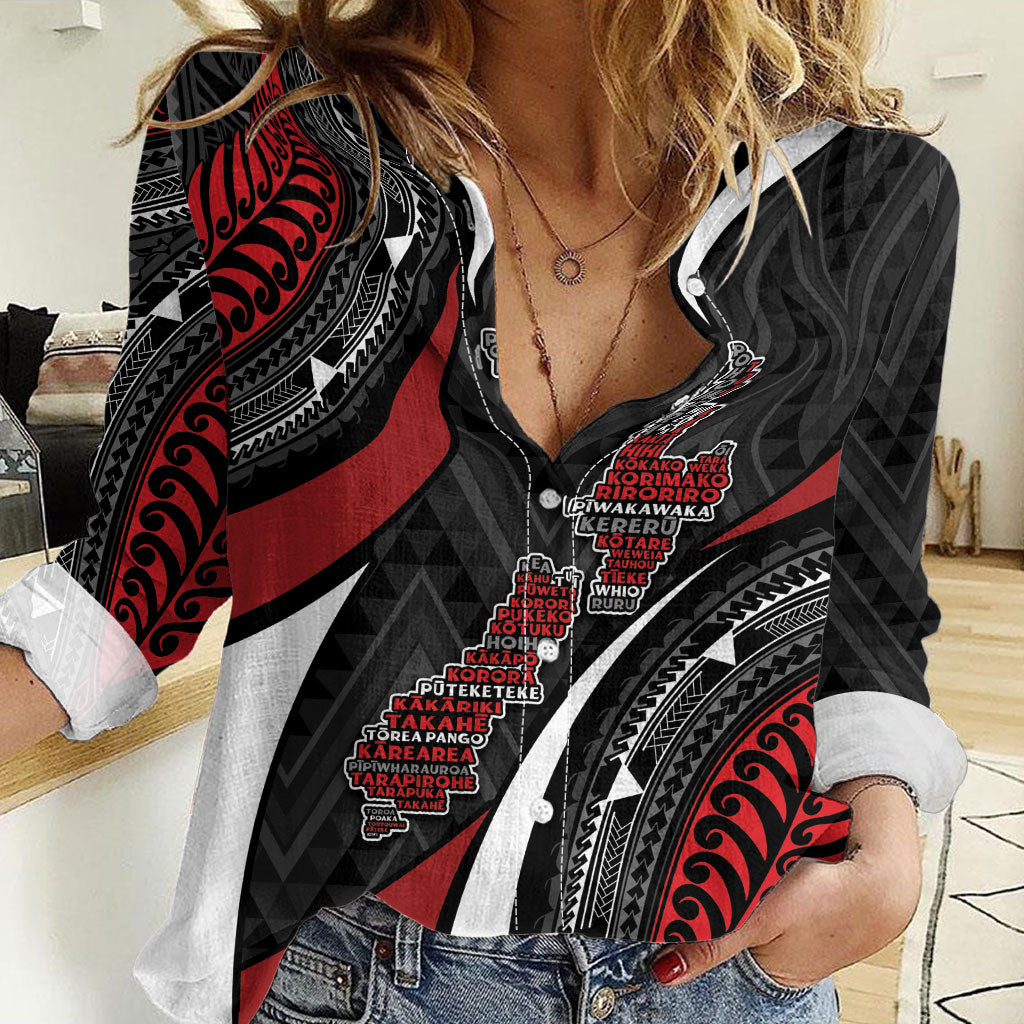 Aotearoa New Zealand Native Birds Map Women Casual Shirt Silver Fern Tribal Pattern