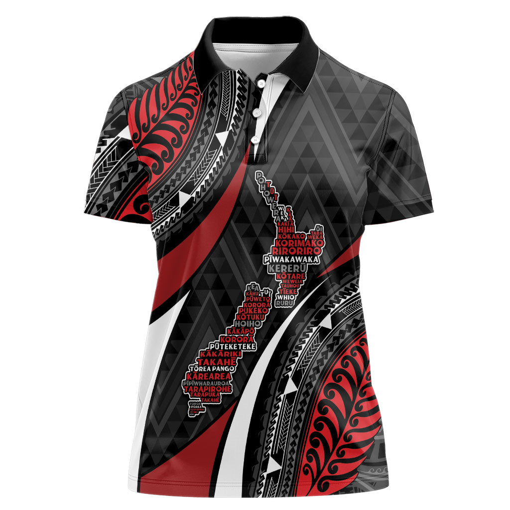 Aotearoa New Zealand Native Birds Map Women Polo Shirt Silver Fern Tribal Pattern