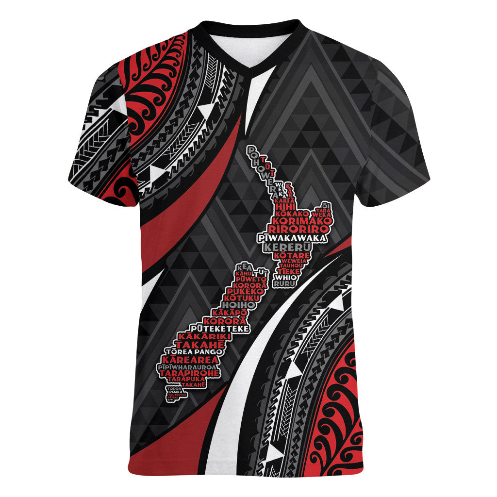 Aotearoa New Zealand Native Birds Map Women V-Neck T-Shirt Silver Fern Tribal Pattern