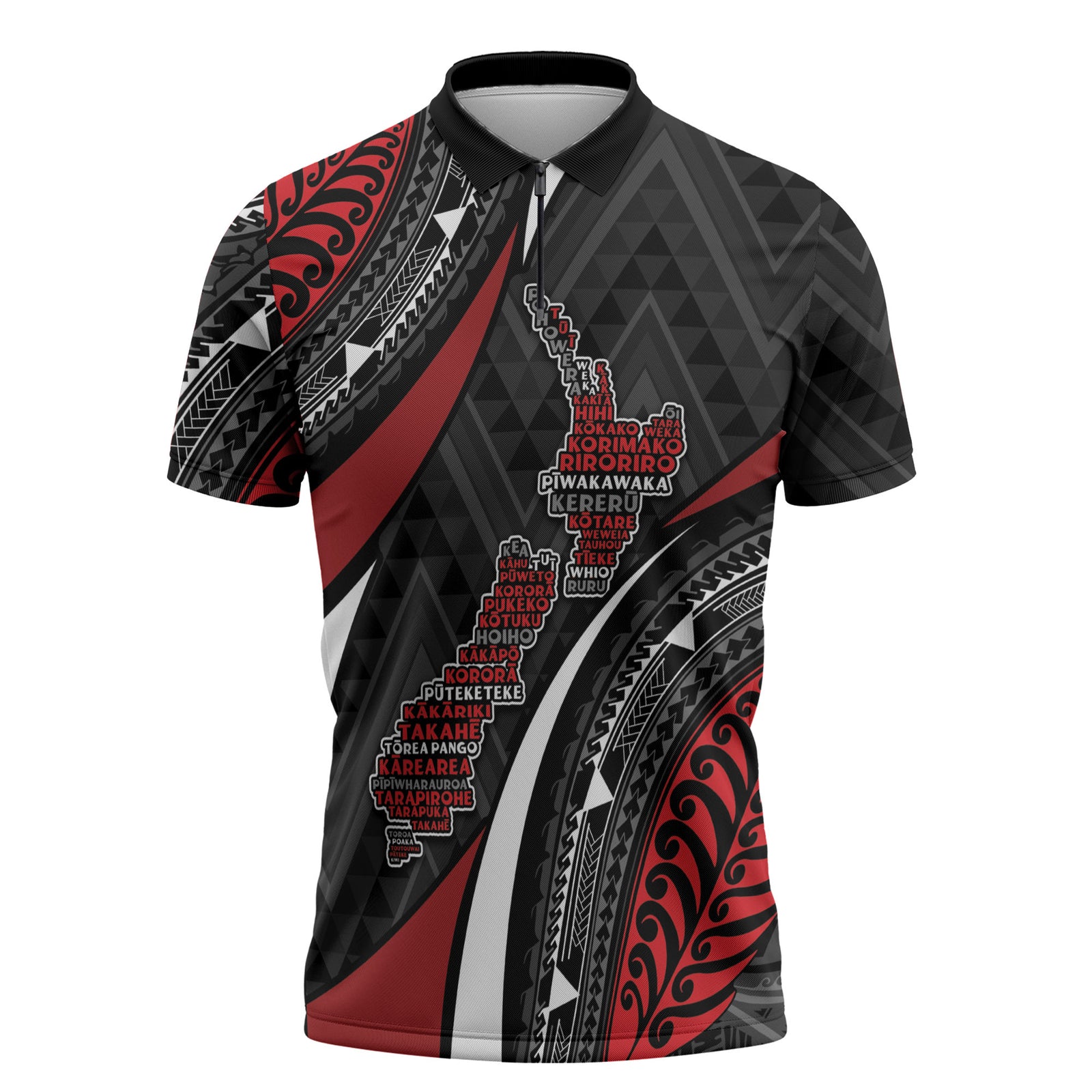 Aotearoa New Zealand Native Birds Map Zipper Polo Shirt Silver Fern Tribal Pattern DT05 Red - Polynesian Pride