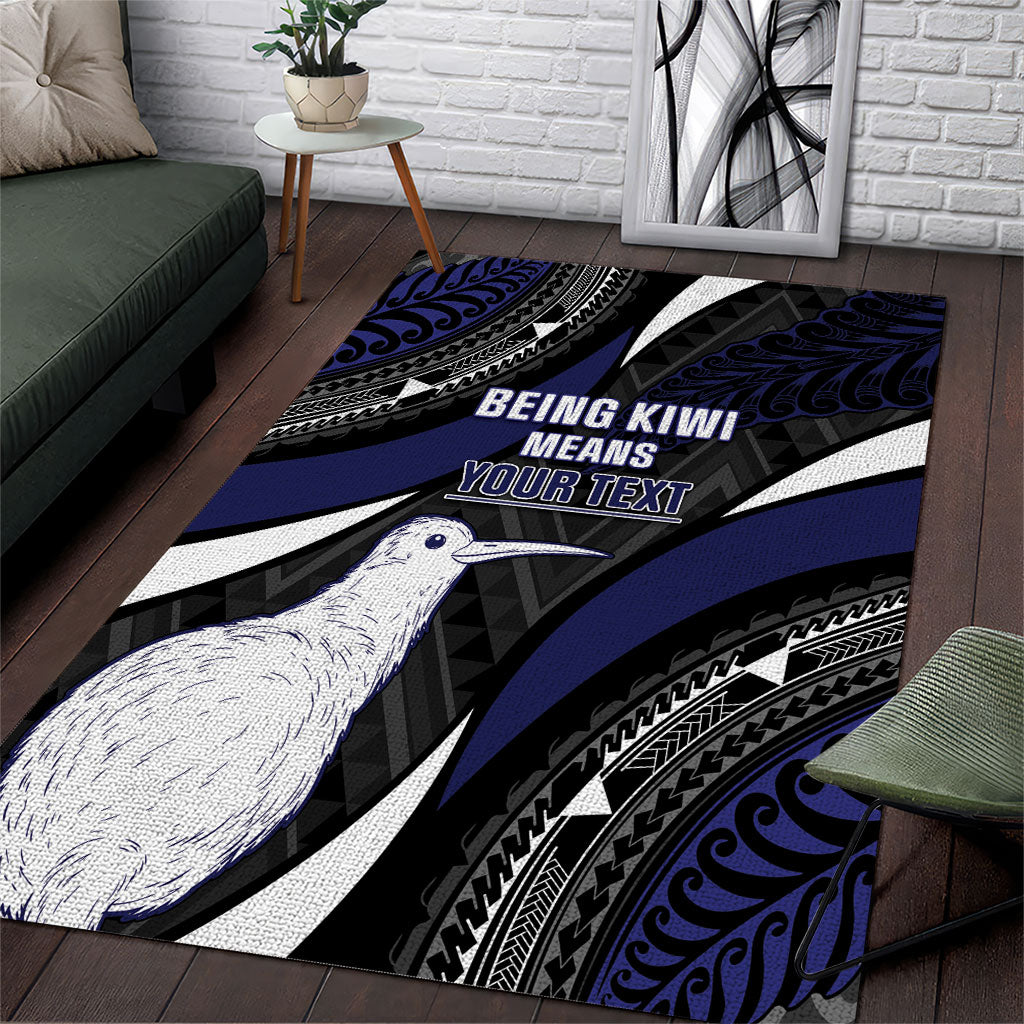 Personalised New Zealand Kiwi Area Rug Silver Fern Tribal Pattern DT05 Navy - Polynesian Pride