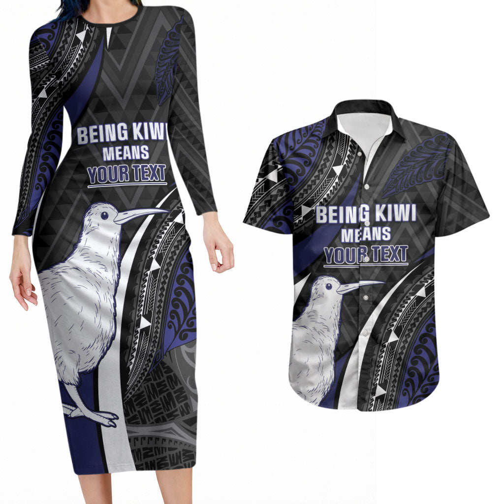 Personalised New Zealand Kiwi Couples Matching Long Sleeve Bodycon Dress and Hawaiian Shirt Silver Fern Tribal Pattern DT05 Navy - Polynesian Pride
