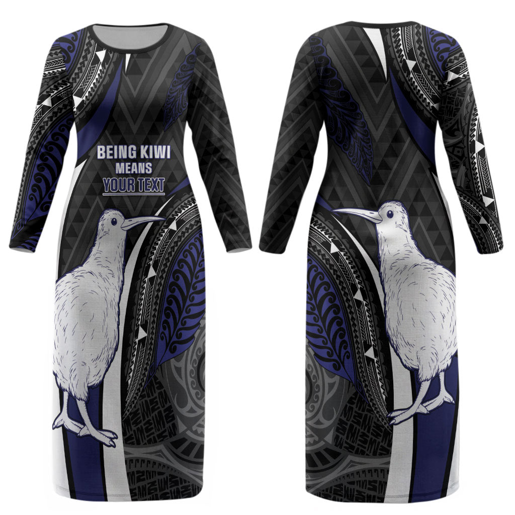 Personalised New Zealand Kiwi Couples Matching Long Sleeve Bodycon Dress and Long Sleeve Button Shirt Silver Fern Tribal Pattern DT05 - Polynesian Pride