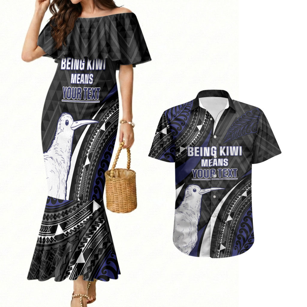Personalised New Zealand Kiwi Couples Matching Mermaid Dress and Hawaiian Shirt Silver Fern Tribal Pattern DT05 Navy - Polynesian Pride