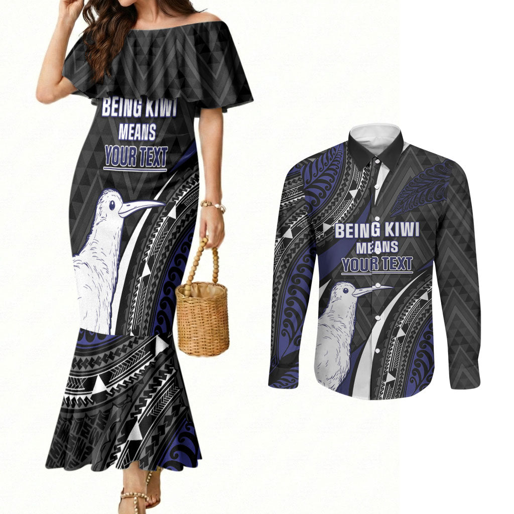 Personalised New Zealand Kiwi Couples Matching Mermaid Dress and Long Sleeve Button Shirt Silver Fern Tribal Pattern DT05 Navy - Polynesian Pride