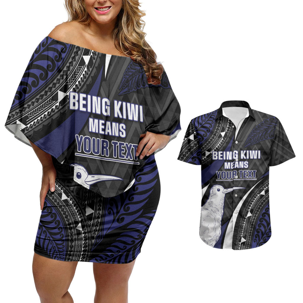 Personalised New Zealand Kiwi Couples Matching Off Shoulder Short Dress and Hawaiian Shirt Silver Fern Tribal Pattern DT05 Navy - Polynesian Pride